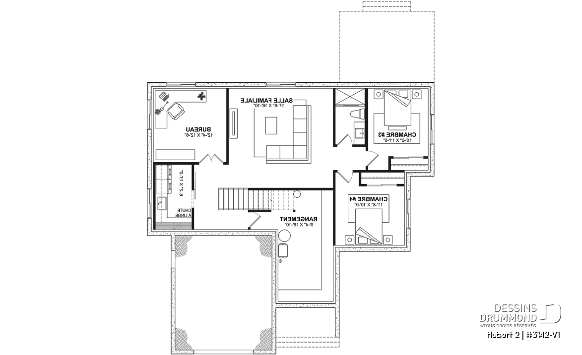Sous-sol aménagé (Optionel $) - Plan de plain-pied classique et lumineux avec foyer, terrasse abritée et 2 à 5 chambres polyvalentes. - Hubert 2
