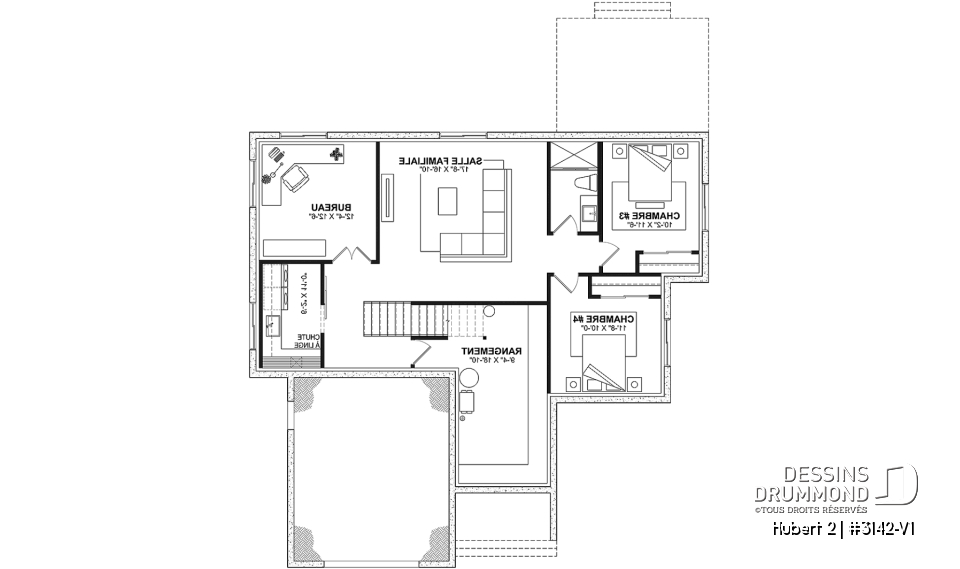 Sous-sol aménagé (Optionel $) - Plan de plain-pied classique et lumineux avec foyer, terrasse abritée et 2 à 5 chambres polyvalentes. - Hubert 2