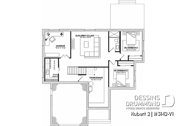 Sous-sol - Plain-pied de style classique proposant 4 à 5 chambres, aire ouverte, plafond cathédral, s-sol aménagé - Hubert 2