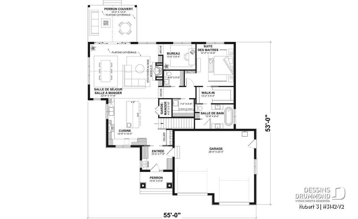 Rez-de-chaussée - Modèle plain-pied avec garage double, grande suite principale au RDC, foyer au bois STUV et bureau - Hubert 3