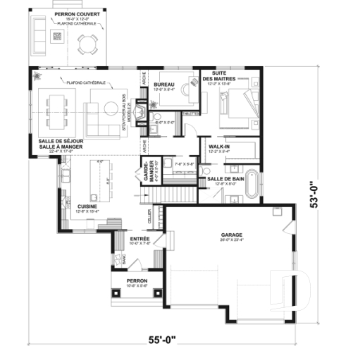 Rez-de-chaussée - Modèle plain-pied avec garage double, grande suite principale au RDC, foyer au bois STUV et bureau - Hubert 3