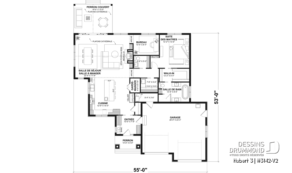 Rez-de-chaussée - Fondation dalle (Optionel $) - Modèle plain-pied avec garage double, grande suite principale au RDC, foyer au bois STUV et bureau - Hubert 3