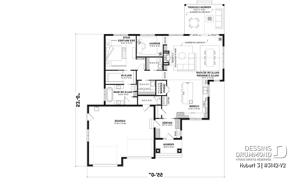 Rez-de-chaussée - Fondation dalle (Optionel $) - Modèle plain-pied avec garage double, grande suite principale au RDC, foyer au bois STUV et bureau - Hubert 3