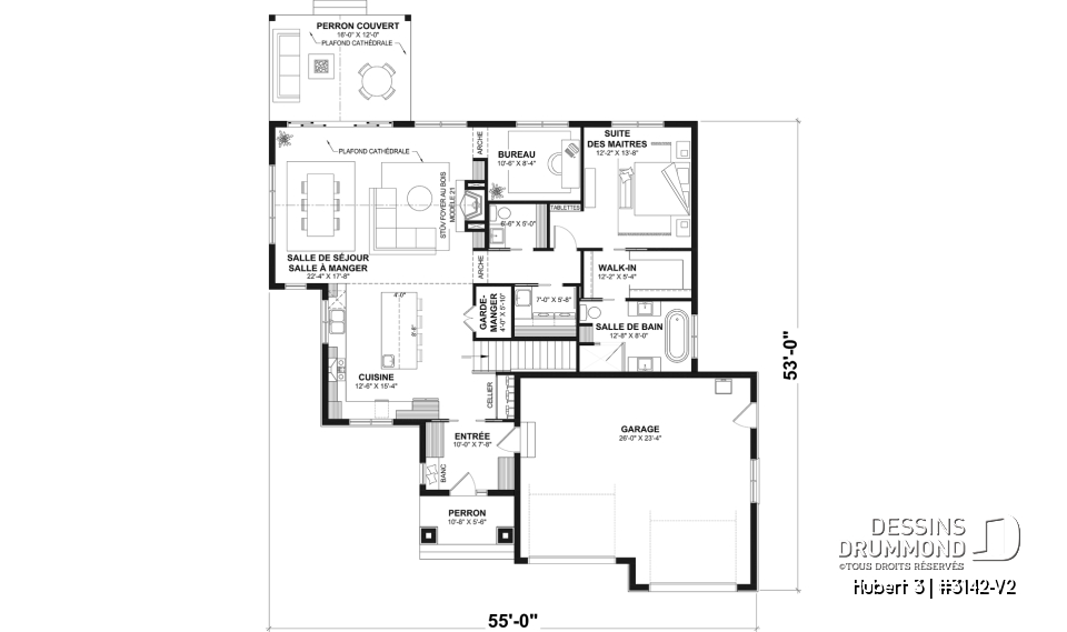 Rez-de-chaussée - Fondation sous-sol - Modèle plain-pied avec garage double, grande suite principale au RDC, foyer au bois STUV et bureau - Hubert 3