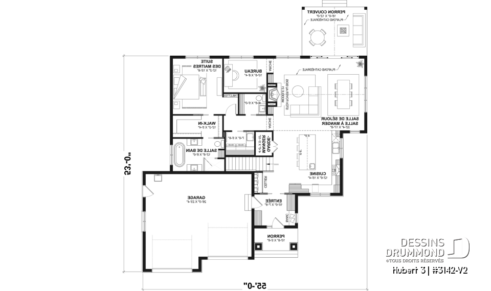 Rez-de-chaussée - Fondation sous-sol - Modèle plain-pied avec garage double, grande suite principale au RDC, foyer au bois STUV et bureau - Hubert 3