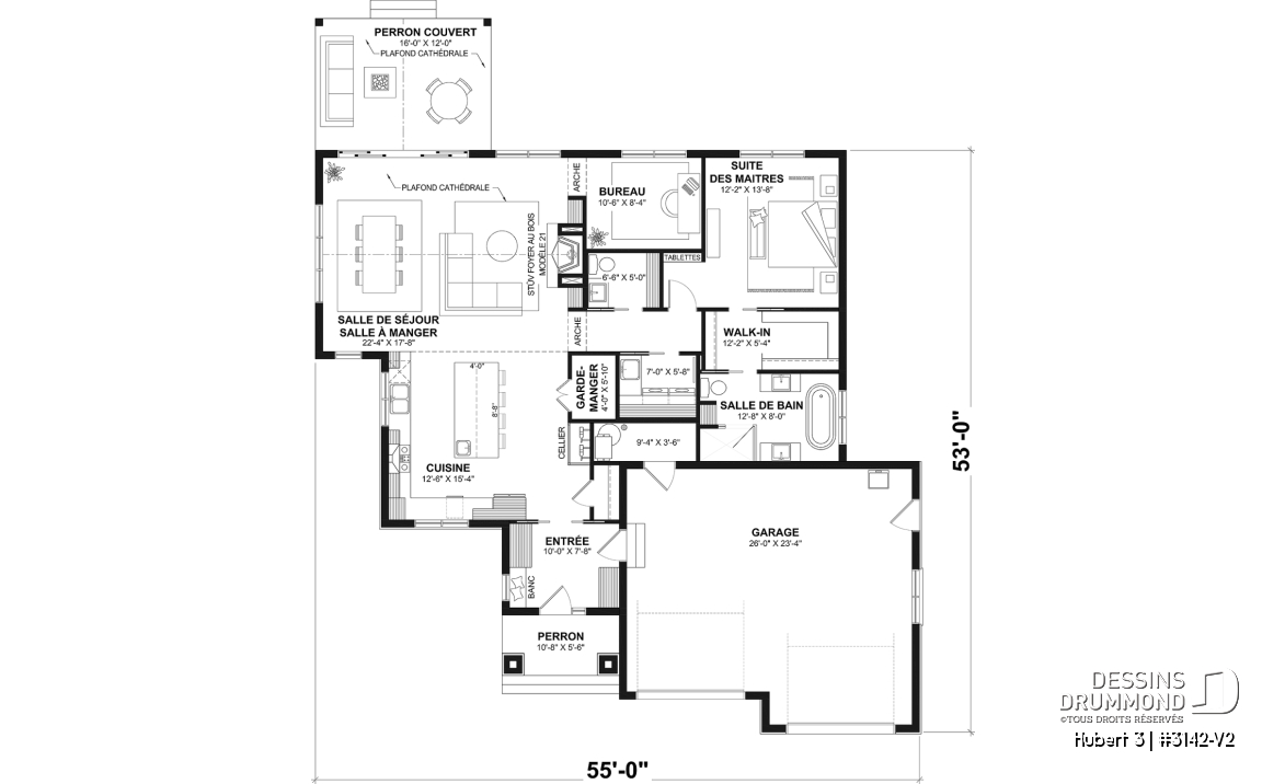Rez-de-chaussée (Optionel $) - Modèle plain-pied avec garage double, grande suite principale au RDC, foyer au bois STUV et bureau - Hubert 3