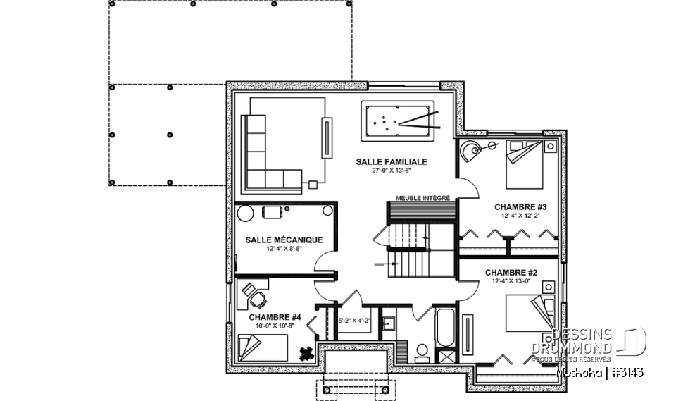 Sous-sol aménagé (Optionel $) - Plain-pied Farmhouse 1 à 4 chambres, bureau, cuisine avec garde-manger, finition sous-sol optionnelle ($) - Muskoka