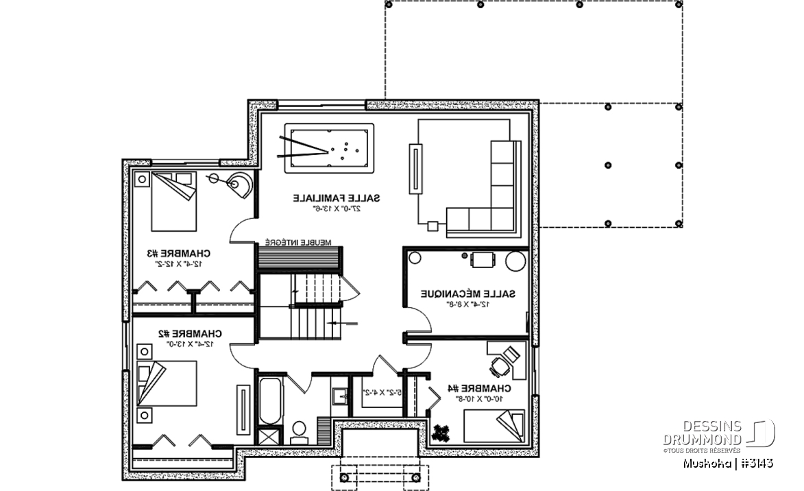 Sous-sol aménagé (Optionel $) - Plain-pied Farmhouse 1 à 4 chambres, bureau, cuisine avec garde-manger, finition sous-sol optionnelle ($) - Muskoka