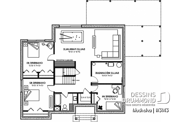 Sous-sol aménagé (Optionel $) du plan de maison unifamiliale 3143 Sous-sol aménagé (Optionel $) - Plain-pied Farmhouse 1 à 4 chambres, bureau, cuisine avec garde-manger, finition sous-sol optionnelle ($) - Muskoka