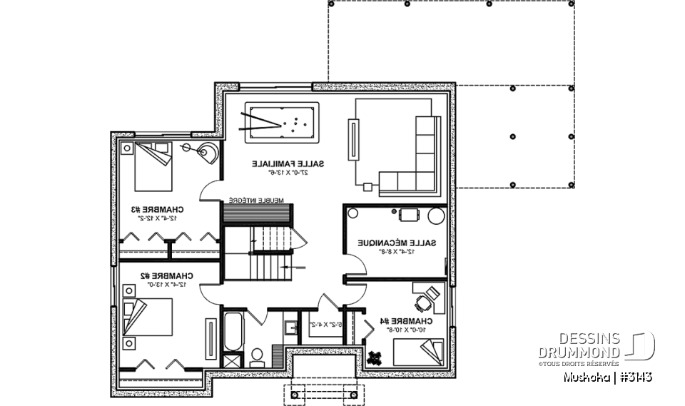 Sous-sol aménagé (Optionel $) - Plain-pied Farmhouse 1 à 4 chambres, bureau, cuisine avec garde-manger, finition sous-sol optionnelle ($) - Muskoka