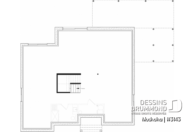 Sous-sol aménageable du plan de maison unifamiliale 3143 Sous-sol aménageable - Plain-pied Farmhouse 1 à 4 chambres, bureau, cuisine avec garde-manger, finition sous-sol optionnelle ($) - Muskoka
