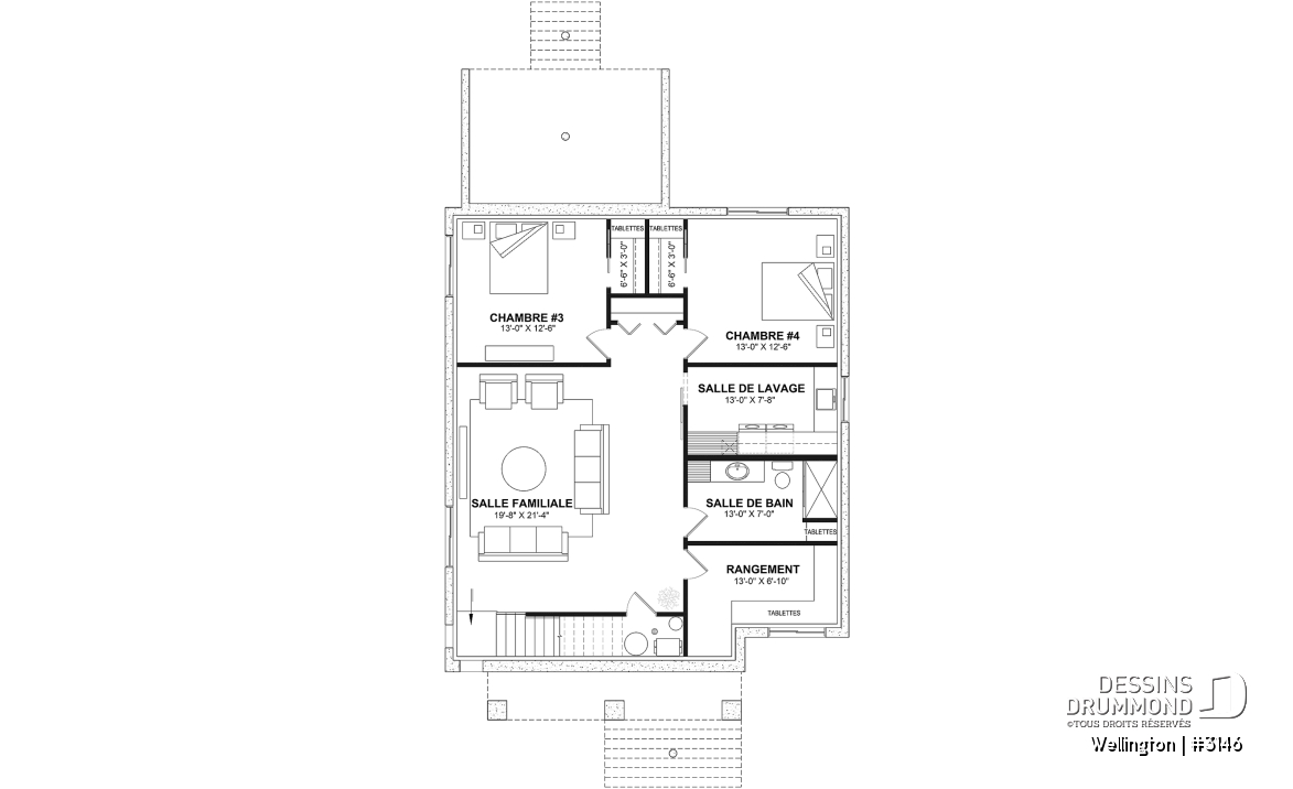 Sous-sol aménagé (Optionel $) - Plan de maison plain-pied champêtre avec 2 à 4 chambres et 2 salons, conçu pour les grandes familles - Wellington