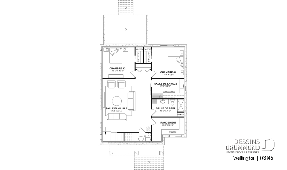 Sous-sol aménagé (Optionel $) - Plan de maison plain-pied champêtre avec 2 à 4 chambres et 2 salons, conçu pour les grandes familles - Wellington