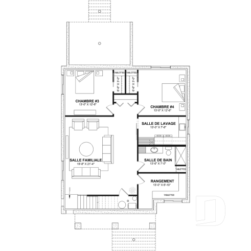 Sous-sol aménagé (Optionel $) - Plan de maison plain-pied champêtre avec 2 à 4 chambres et 2 salons, conçu pour les grandes familles - Wellington