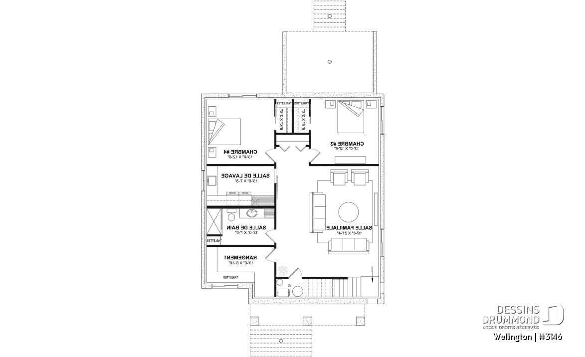 Sous-sol aménagé (Optionel $) - Plan de maison plain-pied champêtre avec 2 à 4 chambres et 2 salons, conçu pour les grandes familles - Wellington