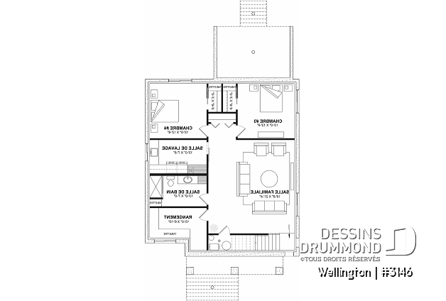Sous-sol aménagé (Optionel $) - Plan de maison plain-pied champêtre avec 2 à 4 chambres et 2 salons, conçu pour les grandes familles - Wellington