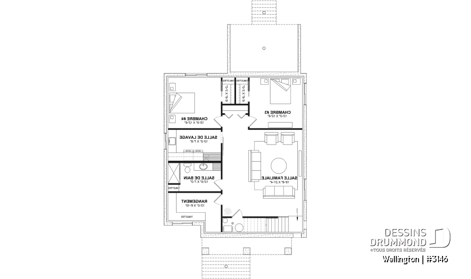 Sous-sol aménagé (Optionel $) - Plan de maison plain-pied champêtre avec 2 à 4 chambres et 2 salons, conçu pour les grandes familles - Wellington