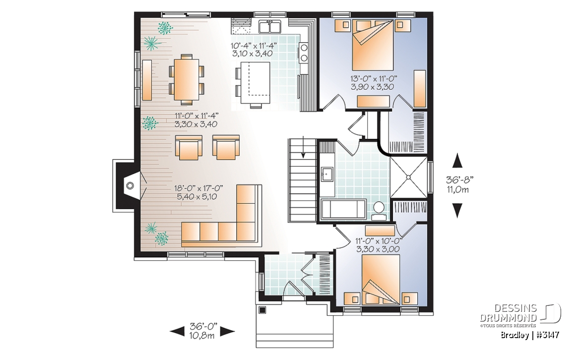 Rez-de-chaussée - Plan de maison moderne, 2 chambres, walk-in chambre des maîtres, foyer, îlot, aire ouverte, vestibule fermé - Bradley