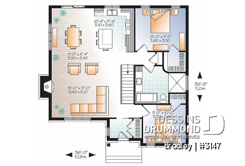 Rez-de-chaussée - Plan de maison moderne, 2 chambres, walk-in chambre des maîtres, foyer, îlot, aire ouverte, vestibule fermé - Bradley