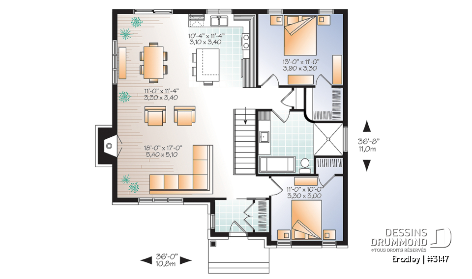 Rez-de-chaussée - Plan de maison moderne, 2 chambres, walk-in chambre des maîtres, foyer, îlot, aire ouverte, vestibule fermé - Bradley