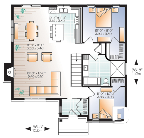Rez-de-chaussée - Plan de maison moderne, 2 chambres, walk-in chambre des maîtres, foyer, îlot, aire ouverte, vestibule fermé - Bradley