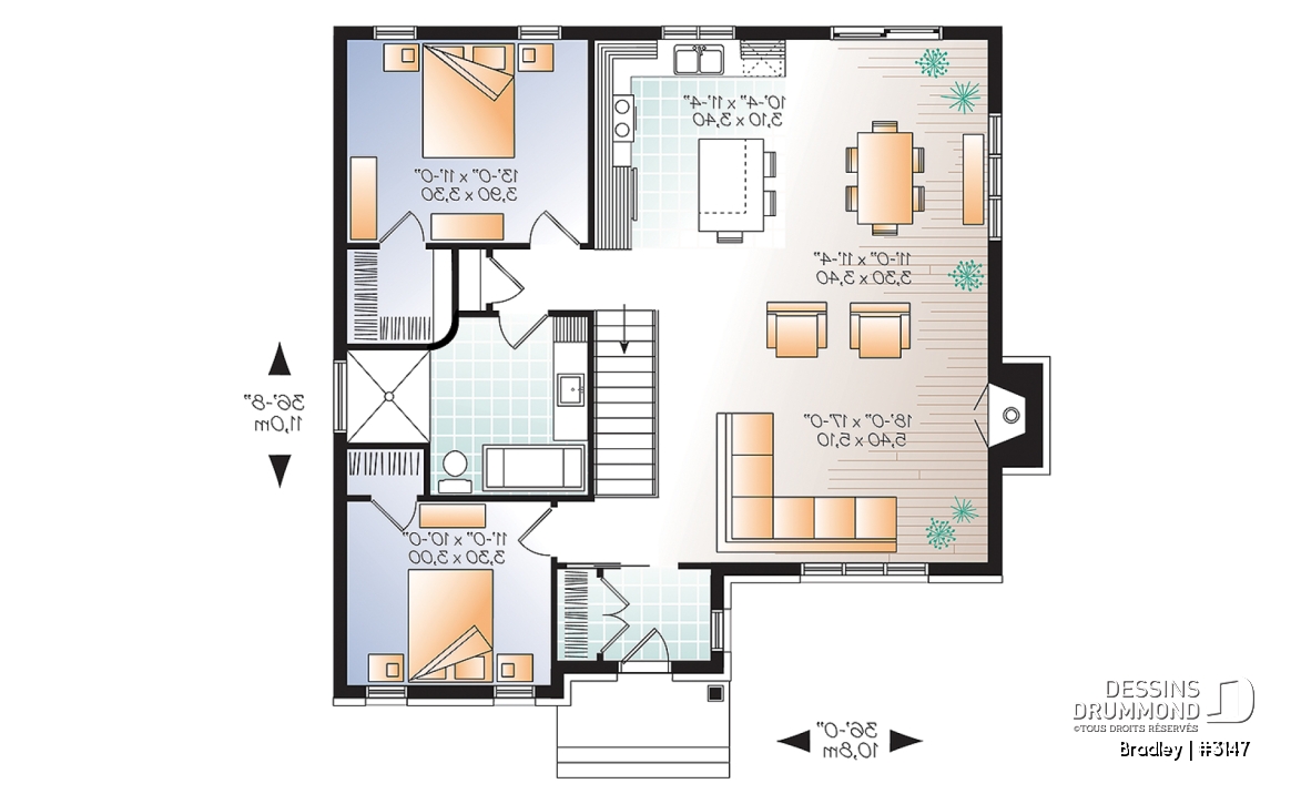 Rez-de-chaussée - Plan de maison moderne, 2 chambres, walk-in chambre des maîtres, foyer, îlot, aire ouverte, vestibule fermé - Bradley