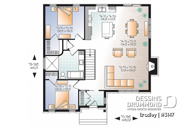 Rez-de-chaussée - Plan de maison moderne, 2 chambres, walk-in chambre des maîtres, foyer, îlot, aire ouverte, vestibule fermé - Bradley