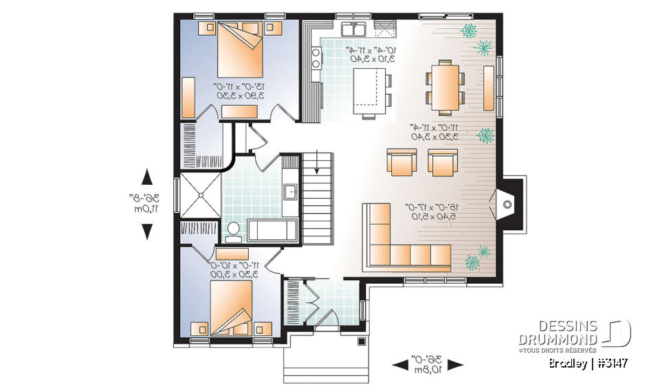 Rez-de-chaussée - Plan de maison moderne, 2 chambres, walk-in chambre des maîtres, foyer, îlot, aire ouverte, vestibule fermé - Bradley