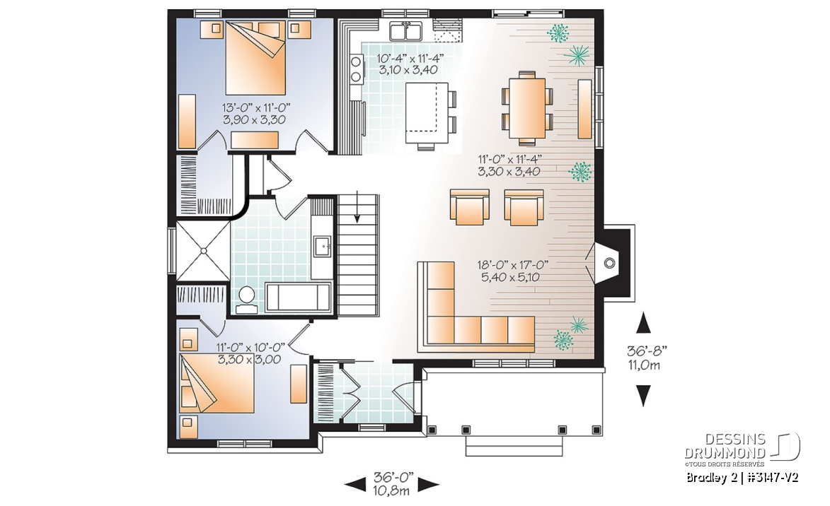 Rez-de-chaussée - Plan de plain-pied 2 chambres, aire ouverte, foyer au séjour et grand îlot à la cuisine - Bradley 2