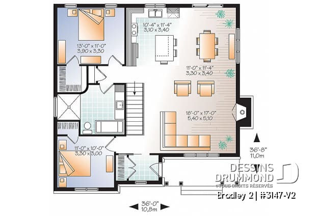 Rez-de-chaussée - Plan de plain-pied 2 chambres, aire ouverte, foyer au séjour et grand îlot à la cuisine - Bradley 2