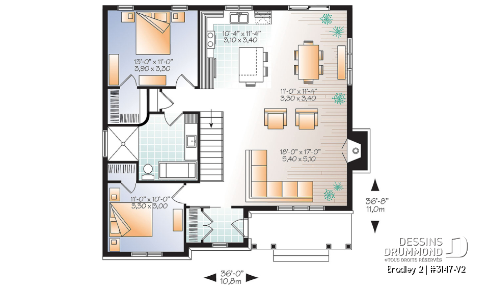 Rez-de-chaussée - Plan de plain-pied 2 chambres, aire ouverte, foyer au séjour et grand îlot à la cuisine - Bradley 2