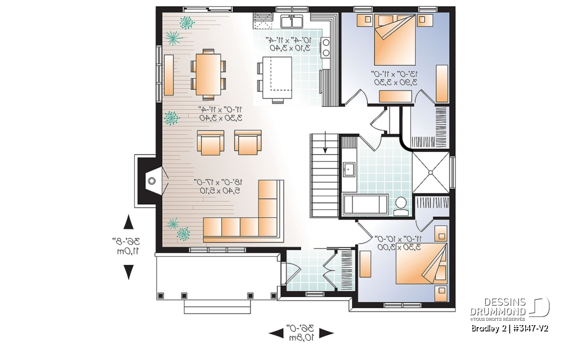 Rez-de-chaussée - Plan de plain-pied 2 chambres, aire ouverte, foyer au séjour et grand îlot à la cuisine - Bradley 2