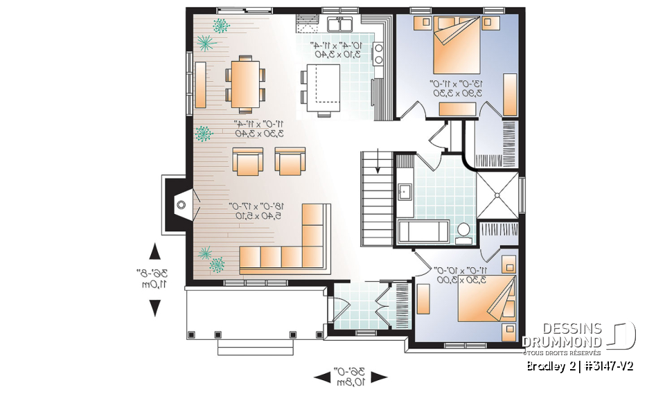 Rez-de-chaussée - Plan de plain-pied 2 chambres, aire ouverte, foyer au séjour et grand îlot à la cuisine - Bradley 2