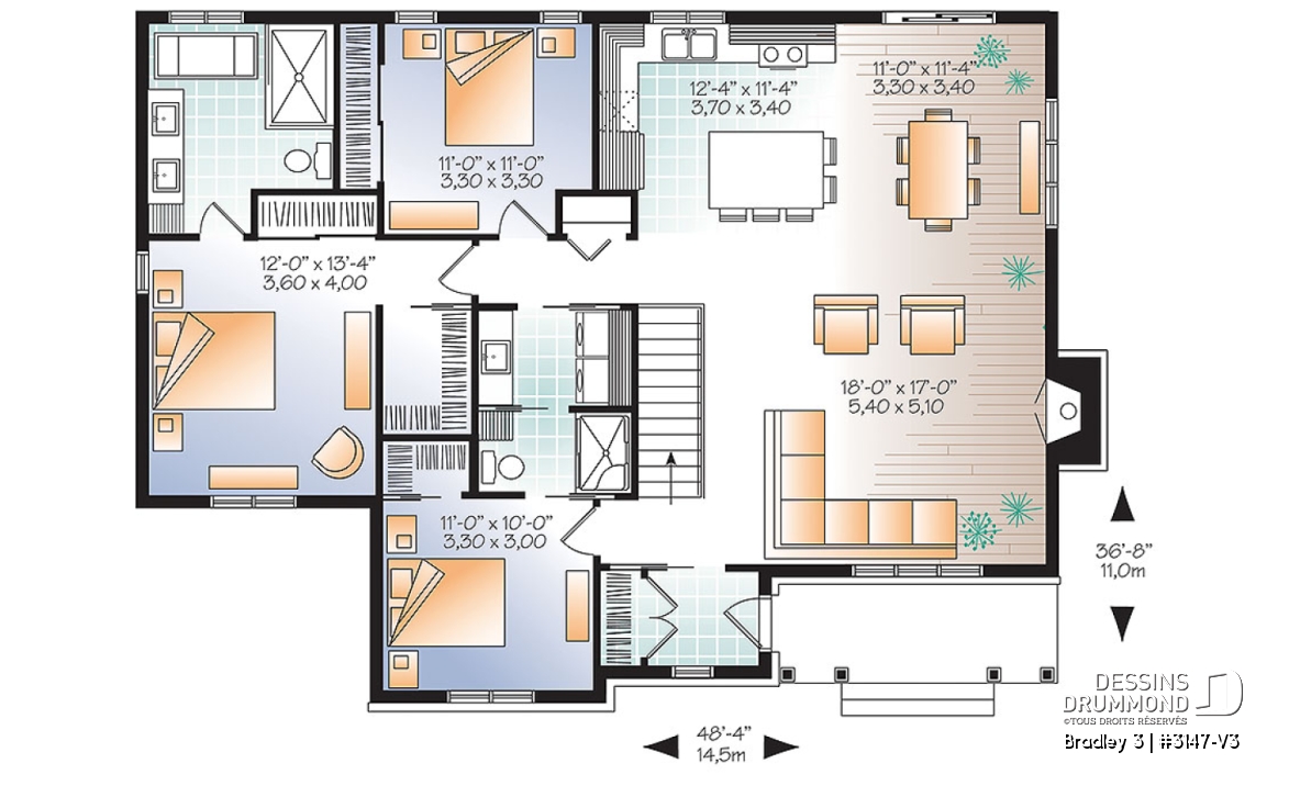 Rez-de-chaussée - Plan de plain-pied 3 chambres au même plancher, cuisine avec grand îlot centrale, foyer, buanderie au 1er - Bradley 3