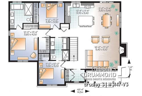 Rez-de-chaussée - Plan de plain-pied 3 chambres au même plancher, cuisine avec grand îlot centrale, foyer, buanderie au 1er - Bradley 3