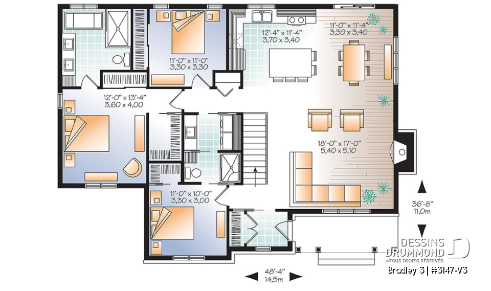 Rez-de-chaussée - Plan de plain-pied 3 chambres au même plancher, cuisine avec grand îlot centrale, foyer, buanderie au 1er - Bradley 3