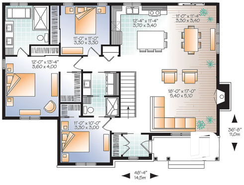 Rez-de-chaussée - Plan de plain-pied 3 chambres au même plancher, cuisine avec grand îlot centrale, foyer, buanderie au 1er - Bradley 3