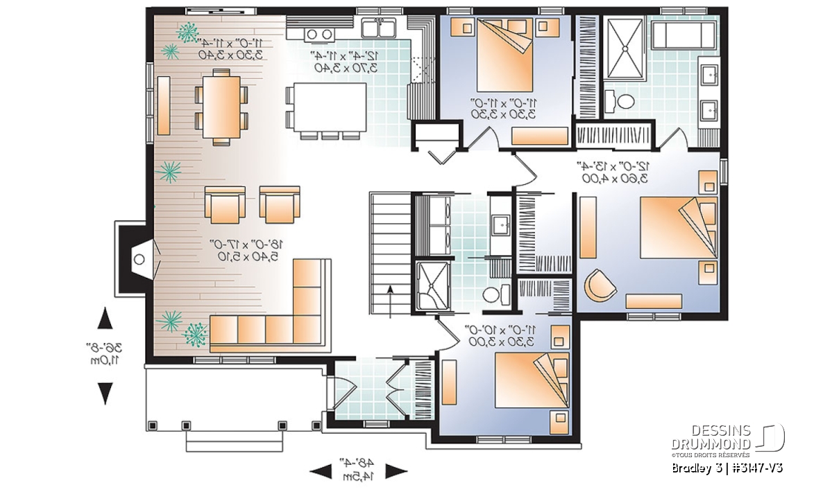 Rez-de-chaussée - Plan de plain-pied 3 chambres au même plancher, cuisine avec grand îlot centrale, foyer, buanderie au 1er - Bradley 3