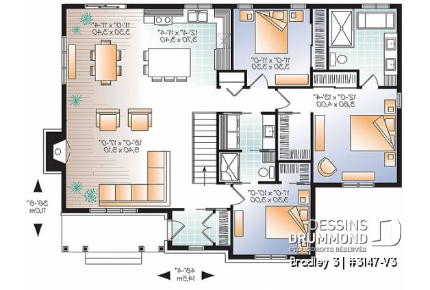 Rez-de-chaussée - Plan de plain-pied 3 chambres au même plancher, cuisine avec grand îlot centrale, foyer, buanderie au 1er - Bradley 3