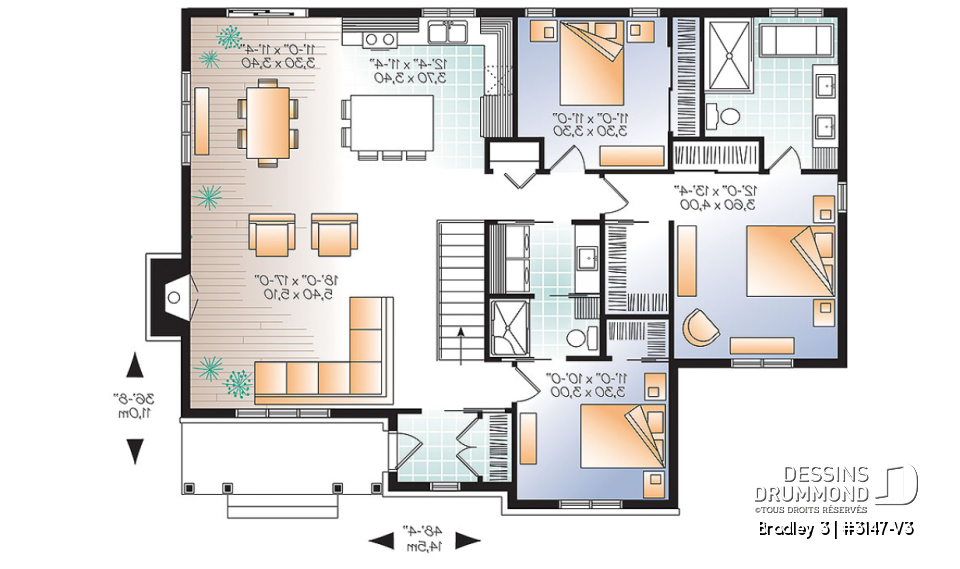 Rez-de-chaussée - Plan de plain-pied 3 chambres au même plancher, cuisine avec grand îlot centrale, foyer, buanderie au 1er - Bradley 3