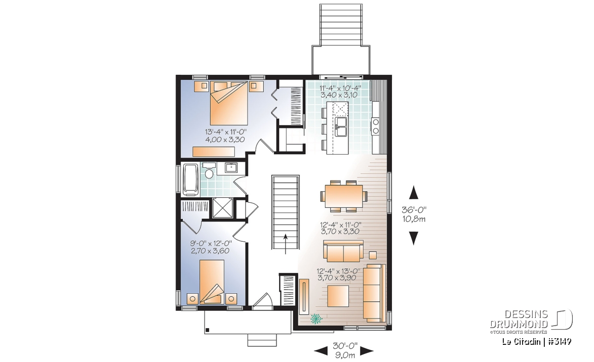 Rez-de-chaussée - Plan de maison moderne, 2 à 4 chambres, 2 salles familiales, garde manger, îlot, sous-sol  aménagé inclus - Le Citadin