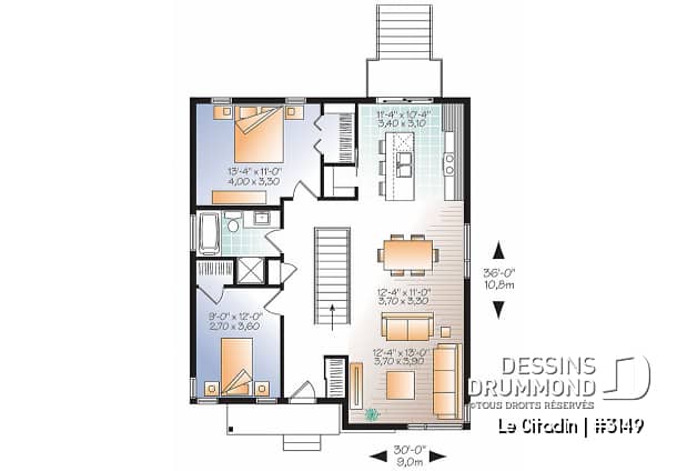 Rez-de-chaussée - Plan de maison moderne, 2 à 4 chambres, 2 salles familiales, garde manger, îlot, sous-sol  aménagé inclus - Le Citadin