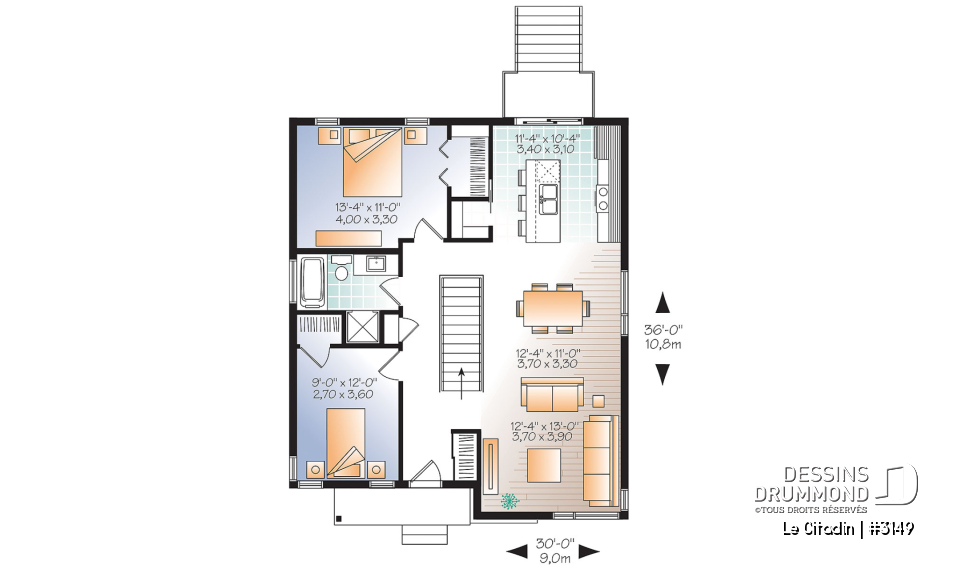 Rez-de-chaussée - Plan de maison moderne, 2 à 4 chambres, 2 salles familiales, garde manger, îlot, sous-sol  aménagé inclus - Le Citadin