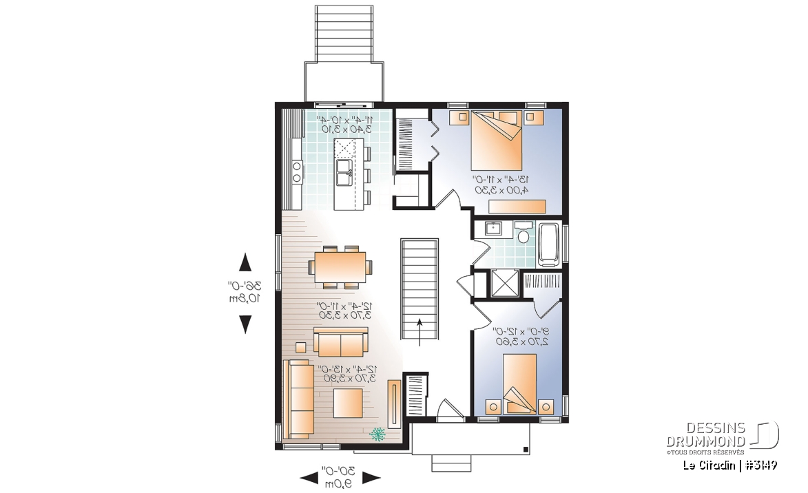 Rez-de-chaussée - Plan de maison moderne, 2 à 4 chambres, 2 salles familiales, garde manger, îlot, sous-sol  aménagé inclus - Le Citadin
