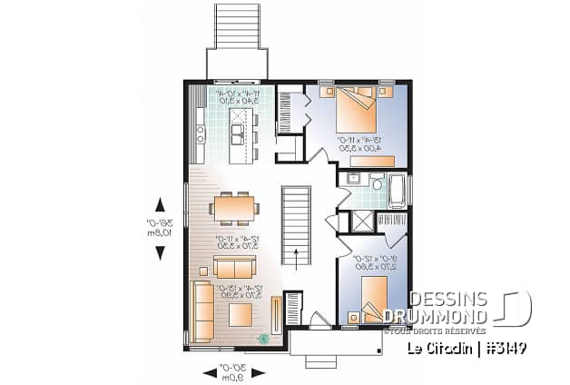Rez-de-chaussée - Plan de maison moderne, 2 à 4 chambres, 2 salles familiales, garde manger, îlot, sous-sol  aménagé inclus - Le Citadin