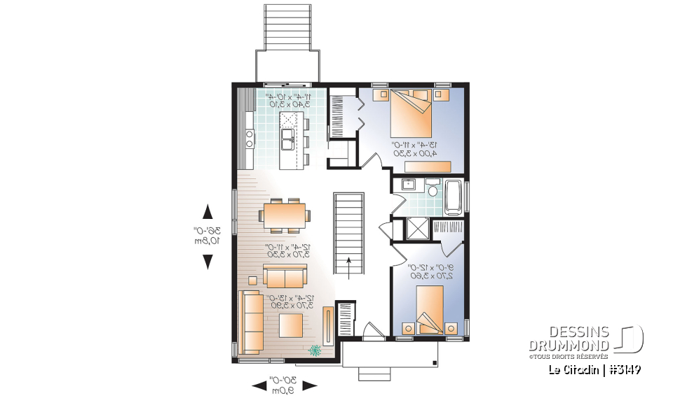 Rez-de-chaussée - Plan de maison moderne, 2 à 4 chambres, 2 salles familiales, garde manger, îlot, sous-sol  aménagé inclus - Le Citadin