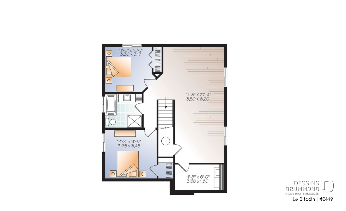 Sous-sol - Plan de maison moderne, 2 à 4 chambres, 2 salles familiales, garde manger, îlot, sous-sol  aménagé inclus - Le Citadin
