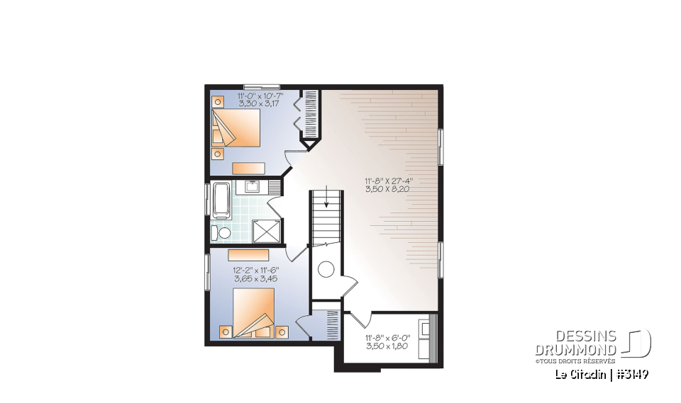 Sous-sol - Plan de maison moderne, 2 à 4 chambres, 2 salles familiales, garde manger, îlot, sous-sol  aménagé inclus - Le Citadin