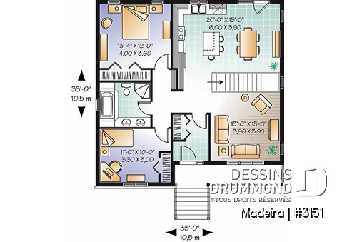 Rez-de-chaussée - Plan de plain-pied 5 chambres (3 aménagées au sous-sol), 2 salons, cuisine avec îlot, vestibule, rangement - Madeira