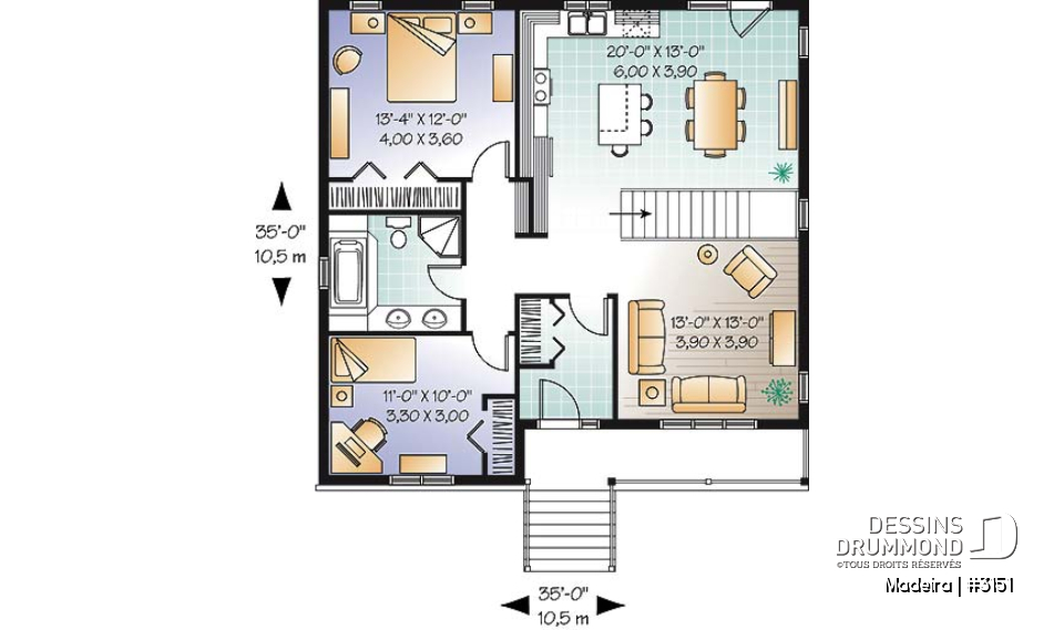 Rez-de-chaussée - Plan de plain-pied 5 chambres (3 aménagées au sous-sol), 2 salons, cuisine avec îlot, vestibule, rangement - Madeira